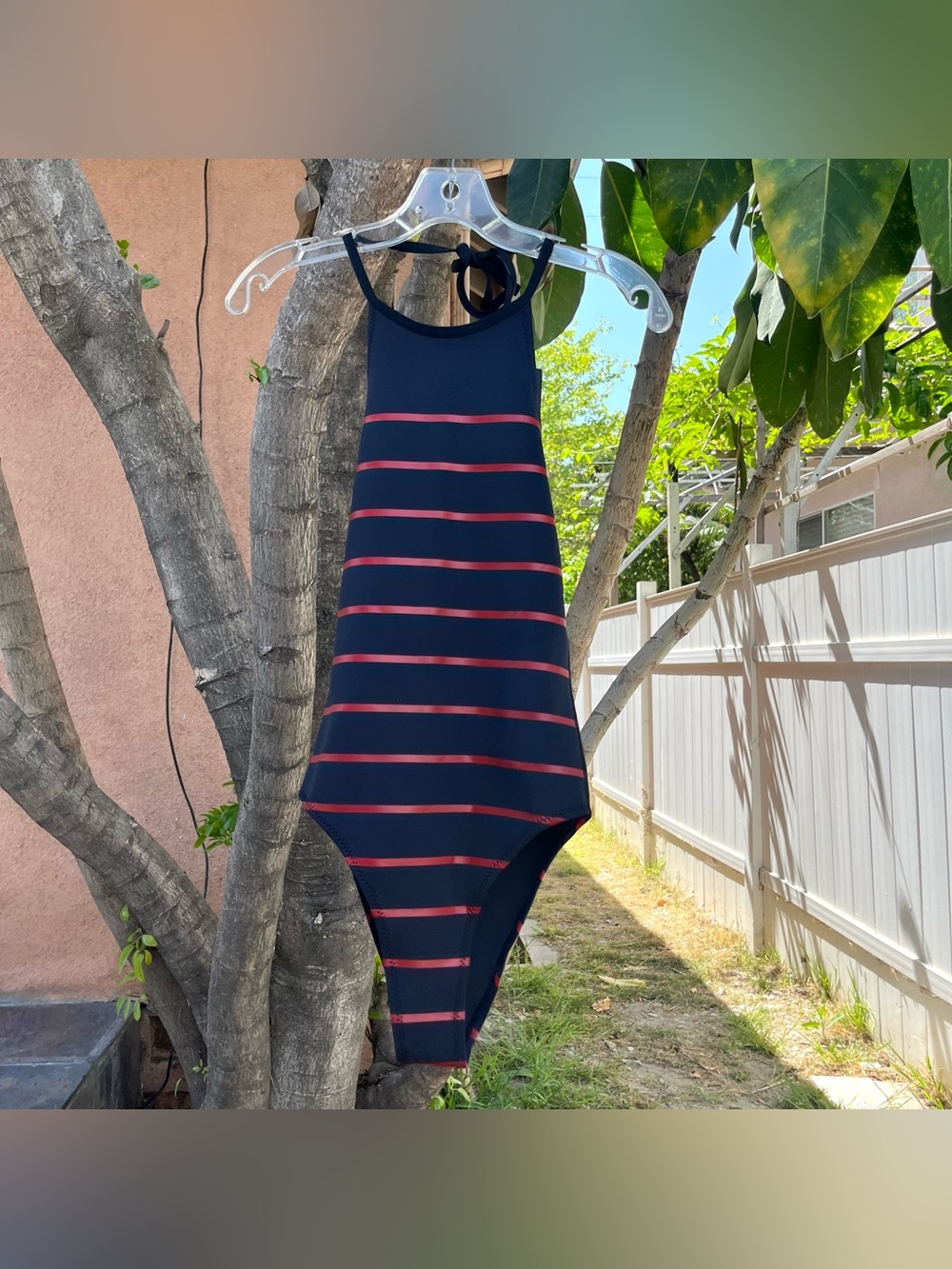 NWT Cynthia Rowley Navy Blue One Piece Swimsuit with Red Stripes.